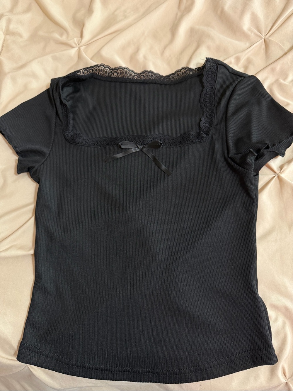 Black Lace Trim Square Neck Ribbed Tee